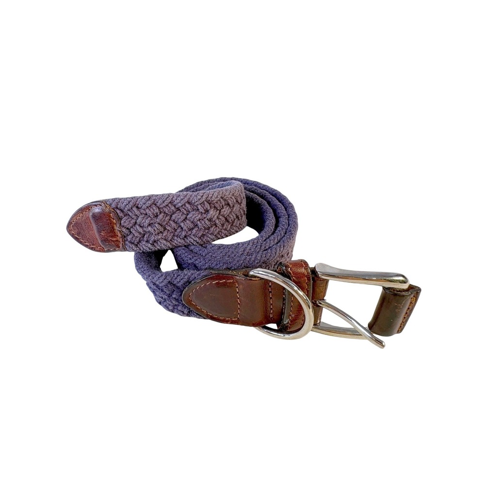Vtg Braided Woven Belt Mens Blue Brown Leather Trim Made in USA